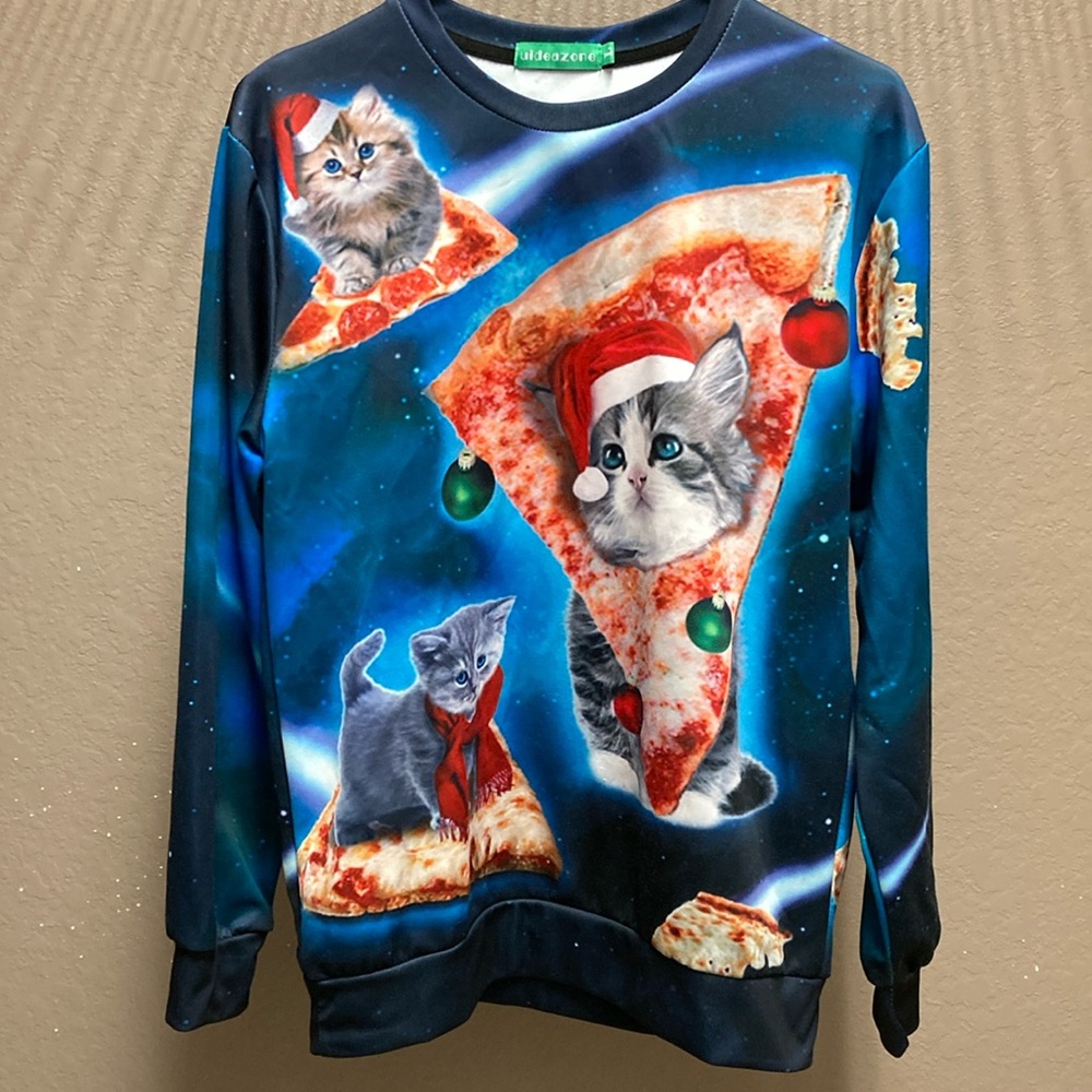 Christmas Pizza Cat Sweatshirt Size L
